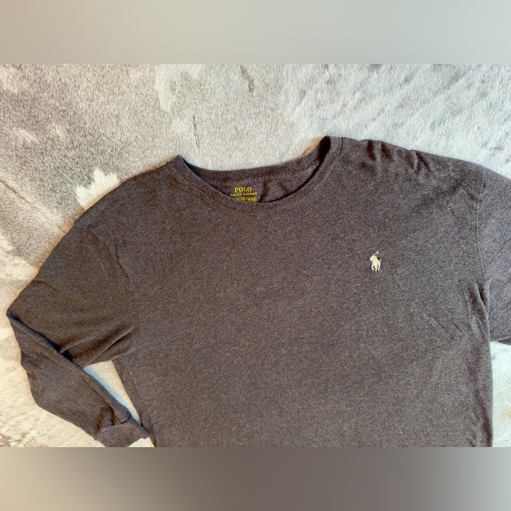 POLO RALPH LAUREN Men’s Heather Brown Custom Fit Long Sleeve Tee T-Shirt - Picture 9 of 16